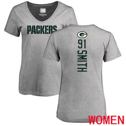 Green Bay Packers Ash Women #91 Smith Preston Backer V-Neck Nike NFL T Shirt